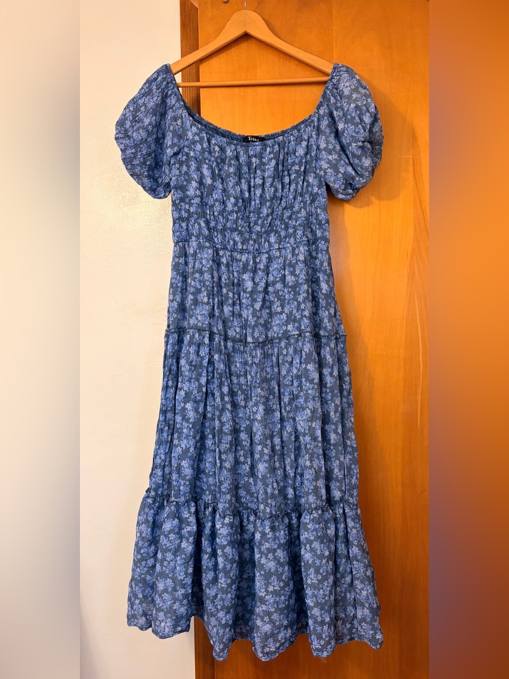 Trixxi Blue Floral Puff-Sleeve Tiered Women’s Dress